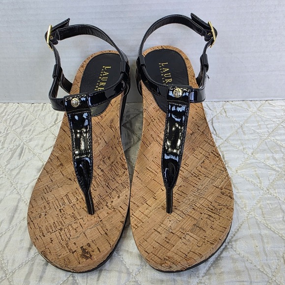 Lauren Ralph Lauren T Strap Sandals Womens 7B Wedge Rosalia Summer Cork - Picture 3 of 11
